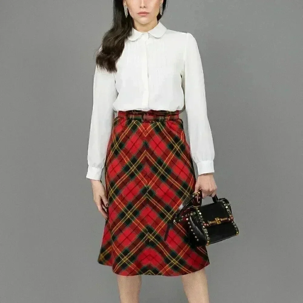 Vintage 70s Tartan Plaid Skirt Small High Waisted A Line‎ Skirt Midi Red Plaid